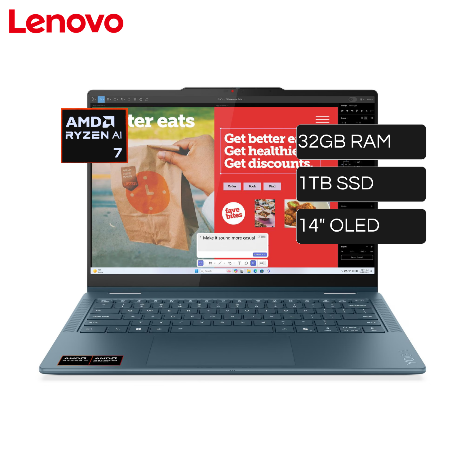 Laptop Lenovo Yoga 7 14AKP10 AMD Ryzen AI 7 350 RAM 32GB Disco 1TB SSD 14"  2.8K OLED TACTIL FreeDos