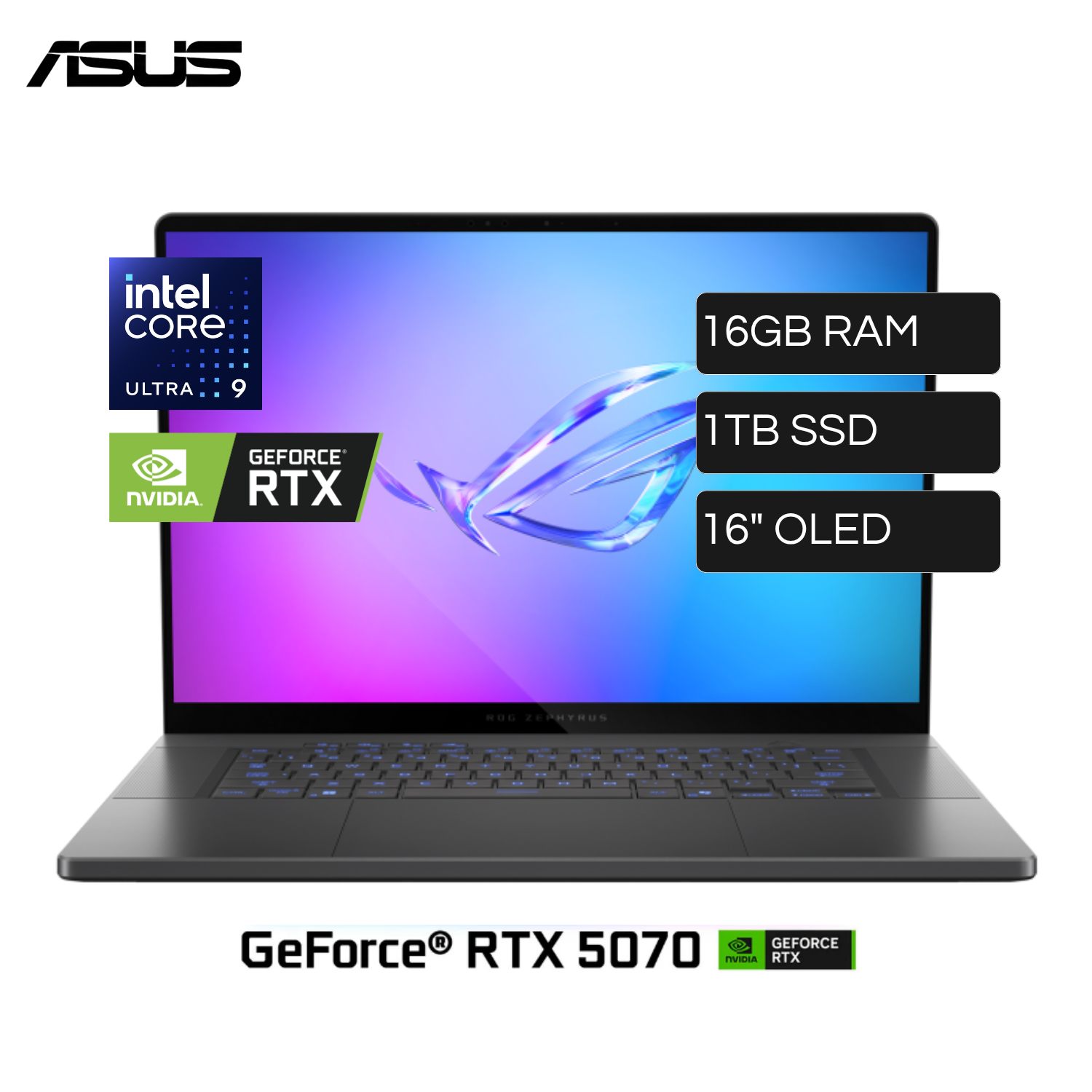 Laptop Asus Rog Zephyrus G16 GU605CP-G16 Intel Core Ultra 9 285H RAM 16GB Disco 1TB SSD Video Nvidia RTX 5070 8GB 16" WQXGA OLED 240Hz Windows 11 Home