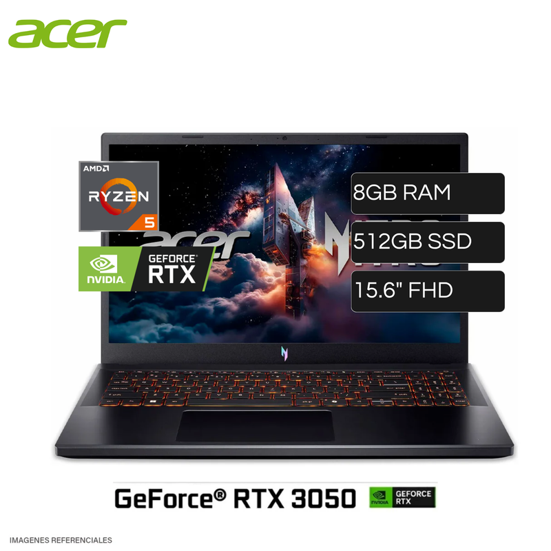 Laptop Acer Nitro V15 AMD Ryzen 5 7535HS RAM 8GB Disco 512GB SSD Video Nvidia RTX 3050 6GB 15.6