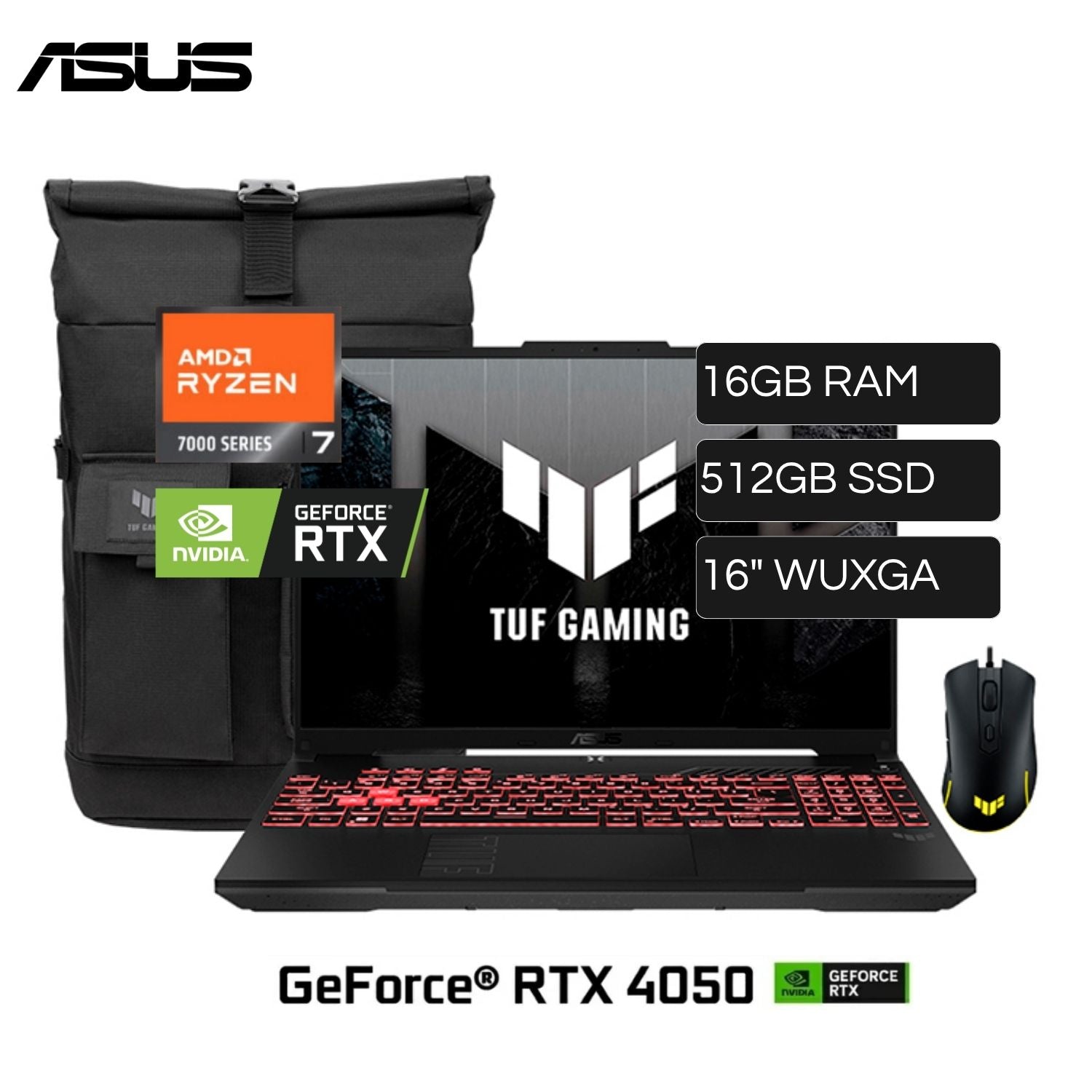 Laptop ASUS Tuf Gaming A16 FA607NUG-RL216 AMD Ryzen 7 7445HS RAM 16GB Disco 512GB SSD Video Nvidia Rtx 4050 6GB 16" WUXGA FreeDos