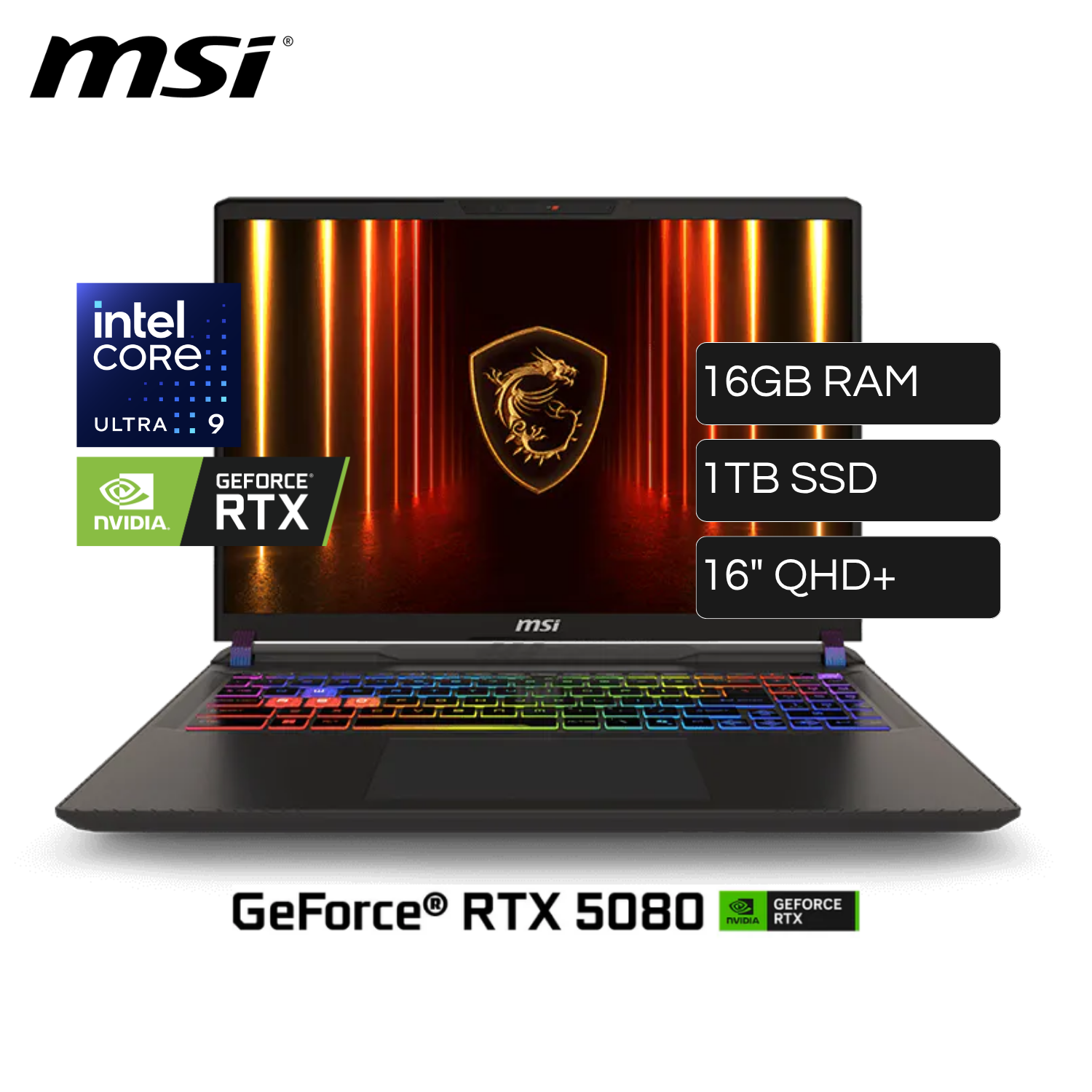 Laptop MSI Vector 16 HX A2XWIG-084PE Intel Core Ultra 9 275HX RAM 16GB Disco 1TB SSD Video Nvidia RTX 5080 16GB 16" QHD+ Windows 11 Home